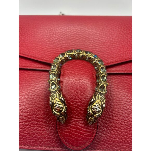 Gucci Red Leather Dionysus Shoulder Bag With Chain Strap & Embellished Tiger Hea - Picture 2 of 16